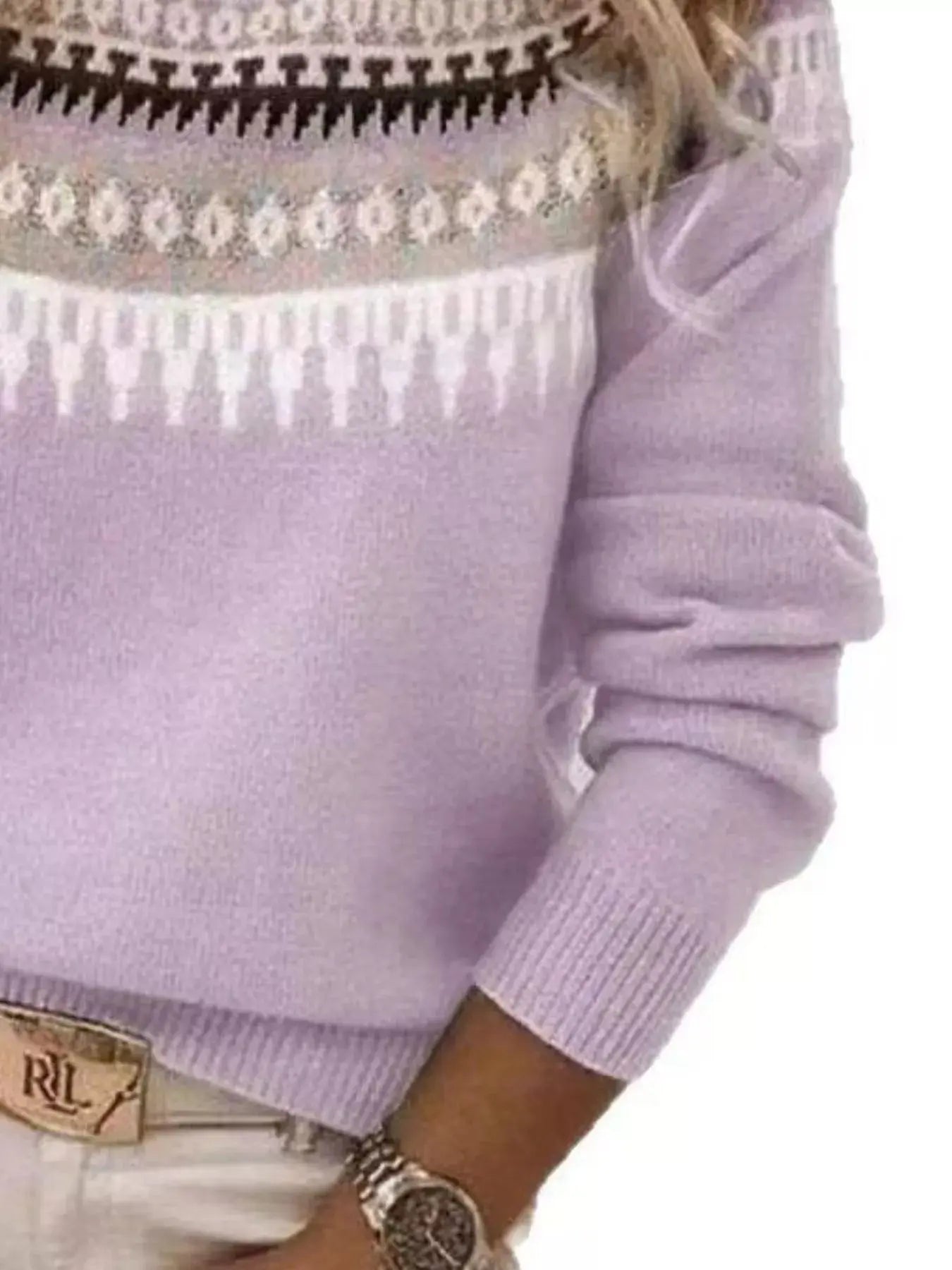 Full Size Vintage Patterned Round Neck Sweater Plus Size Simply Love