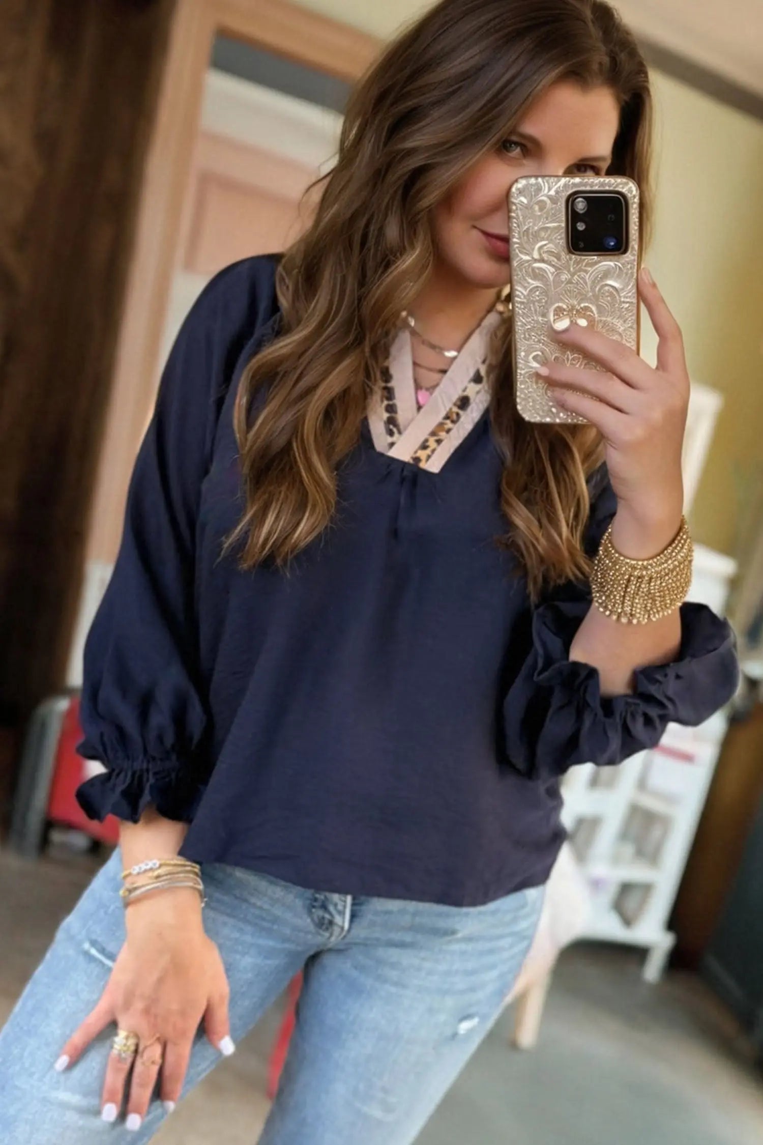 Navy Blue Patchwork Leopard Collar Plus Size Blouse With Flounce Sleeves Dear-Lover Dropshipping