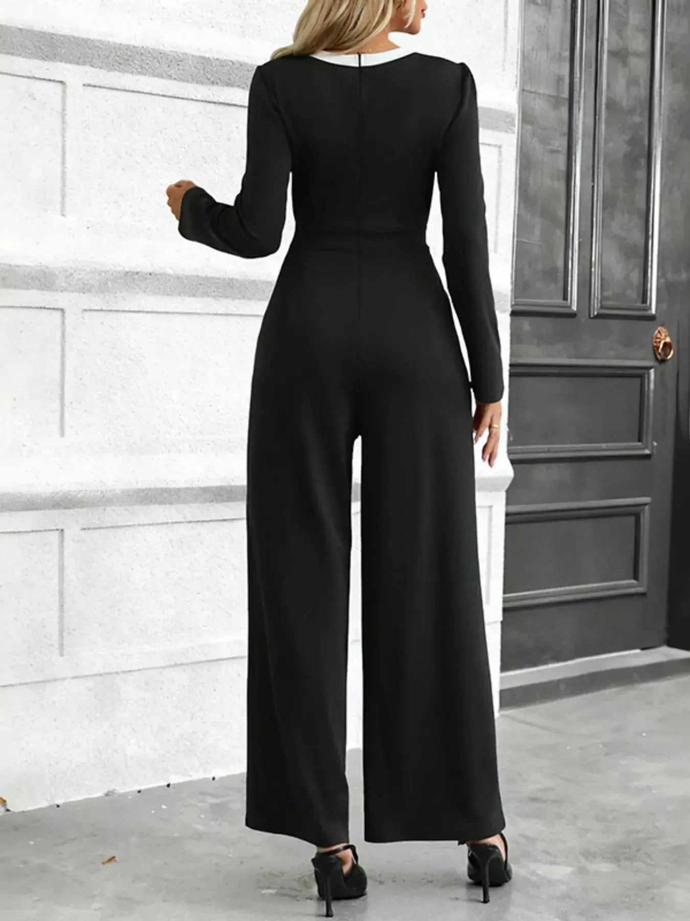 Button Decor Long Sleeve Wide Leg Jumpsuit With Zipper Detail Imported Simply Love