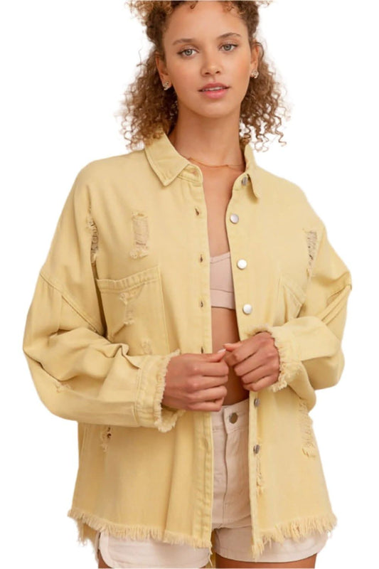 POL Button Down Raw Hem Distressed Shacket - Love Salve 