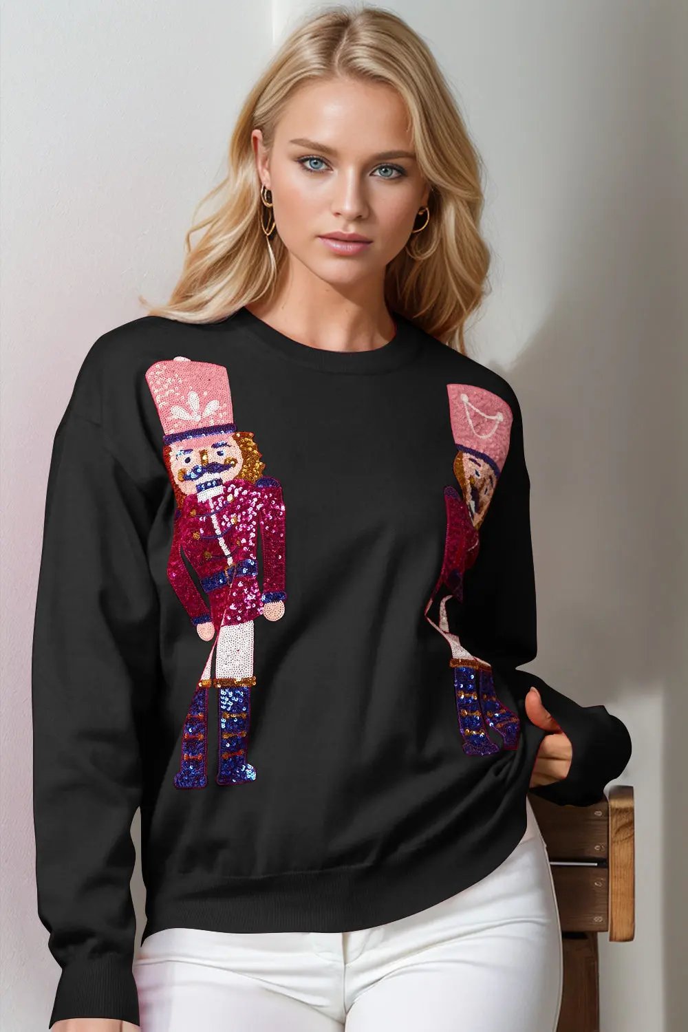 Double Take Full Size Nutcracker Sequin Long Sleeve Sweater - Love Salve