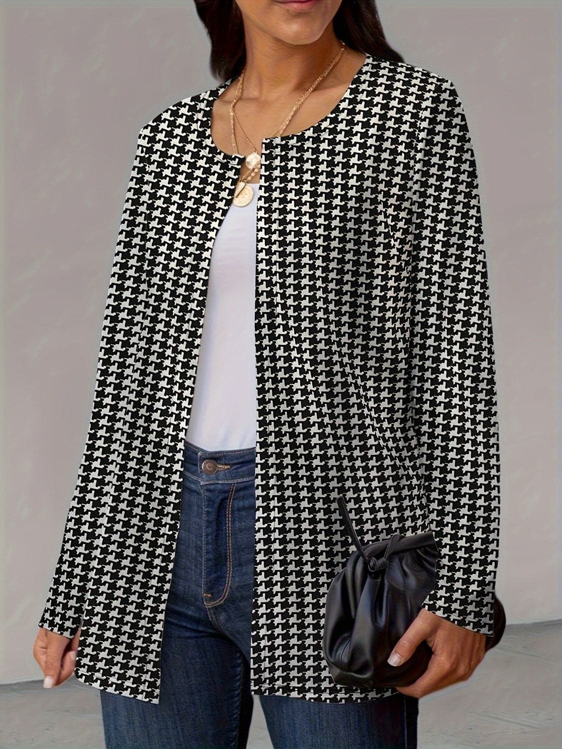 Chic houndstooth open front jacket