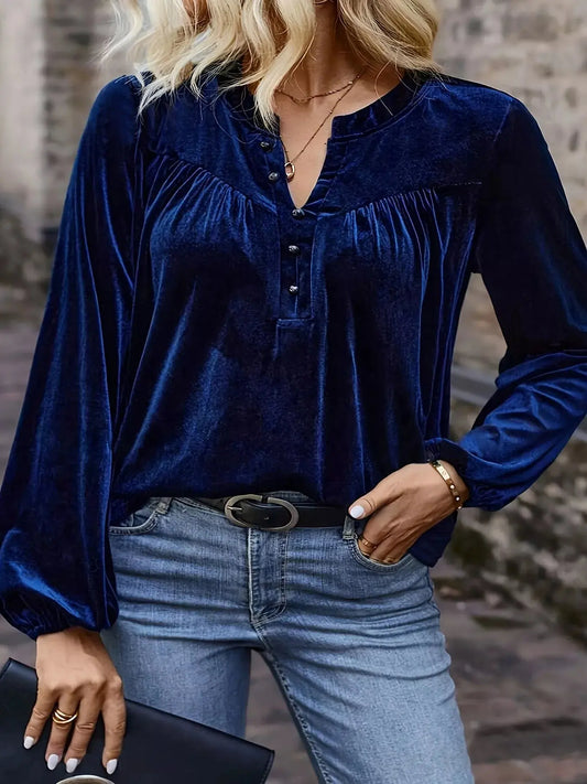 Velvet Notched Long Sleeve Blouse Simply Love