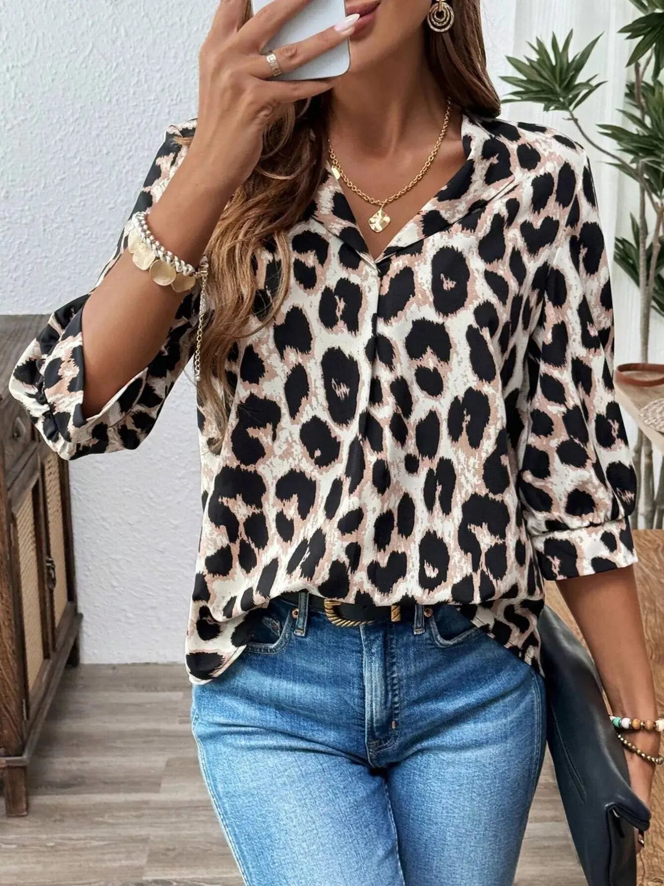 Leopard Print 3/4 Sleeve Blouse Simply Love