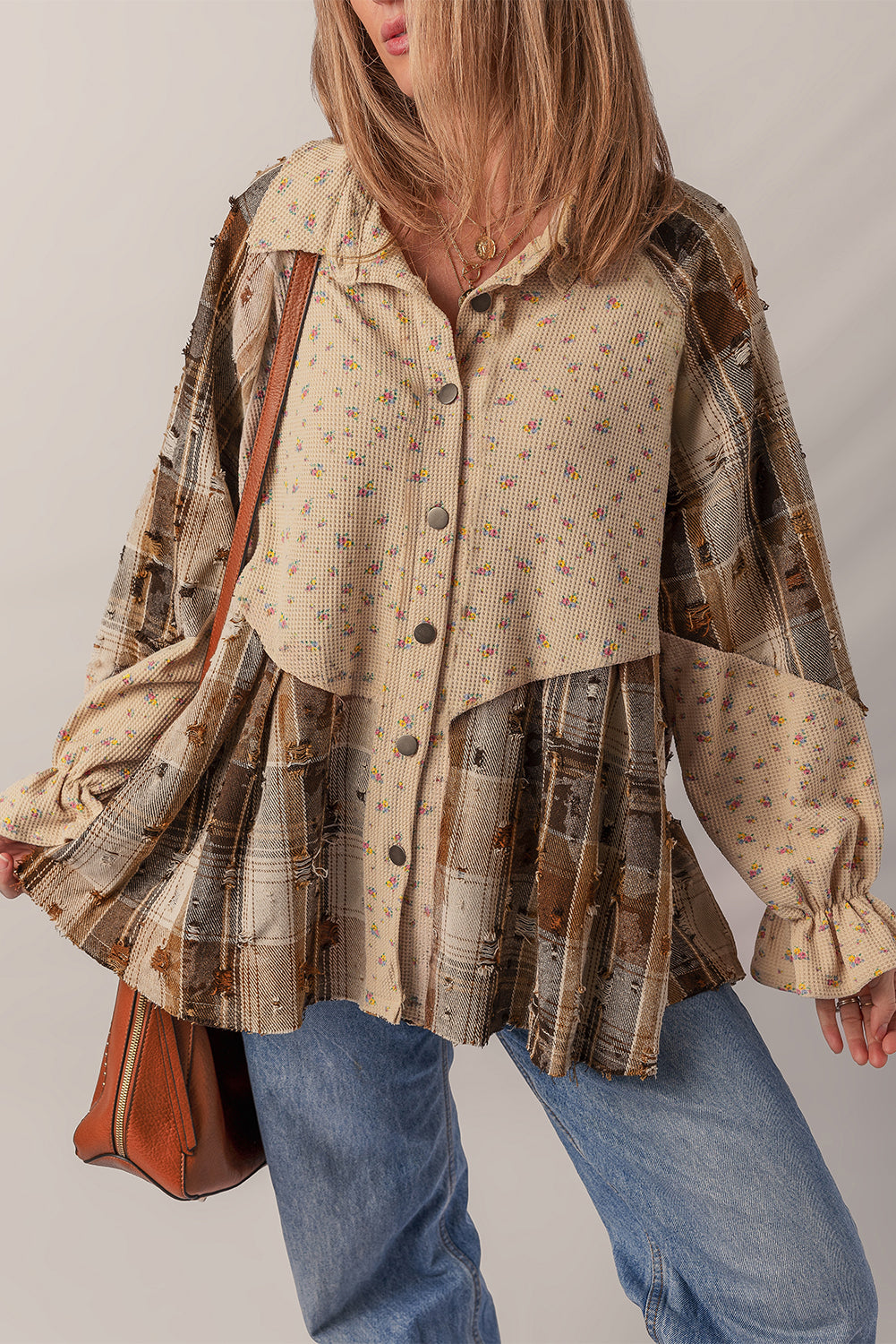 Oatmeal Boho Floral Plaid Patchwork Shacket With Distressed Details And Ruffled Sleeves In Waffle Knit Dear-Lover Dropshipping