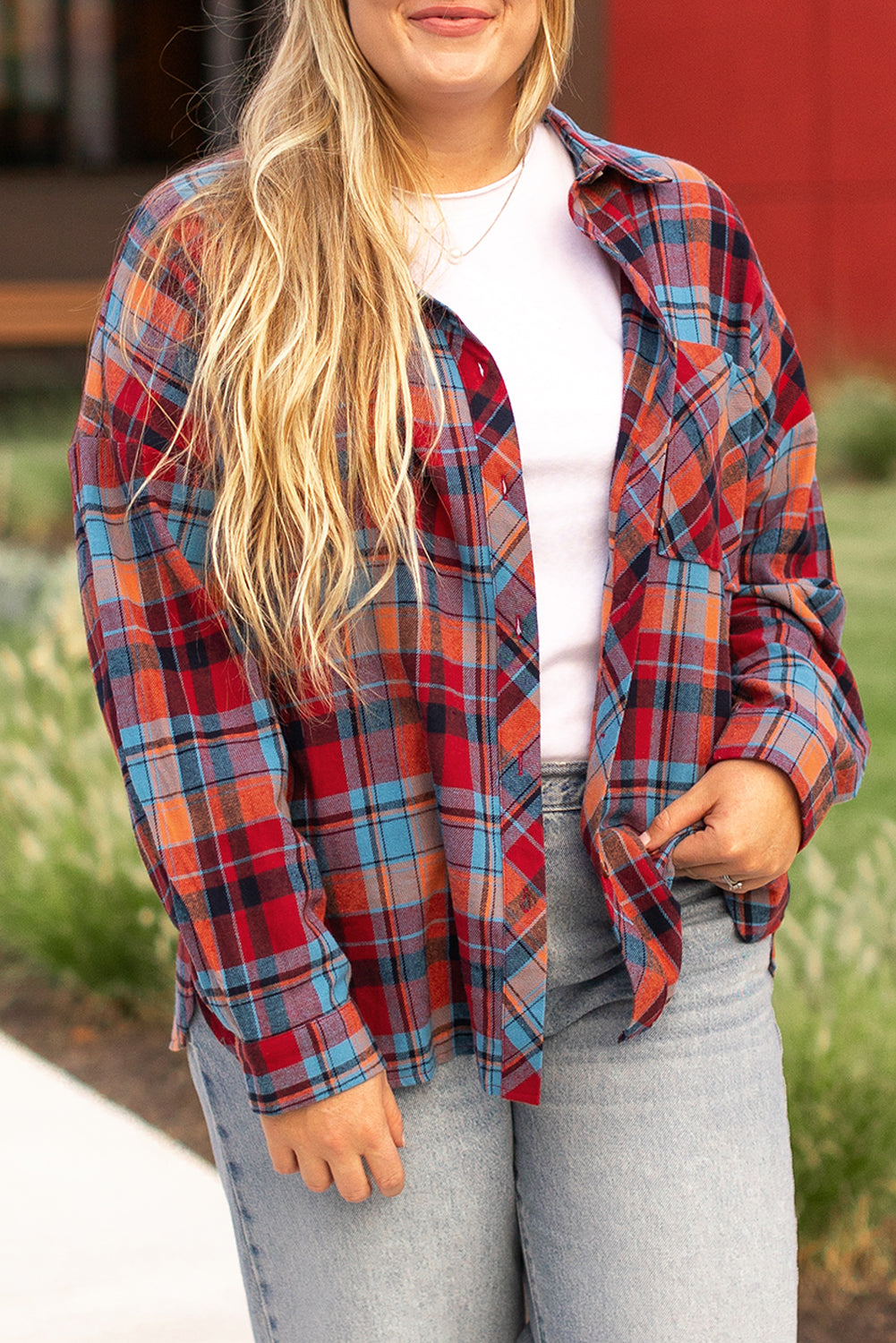 Chic red plaid button-up shirt for plus sizes