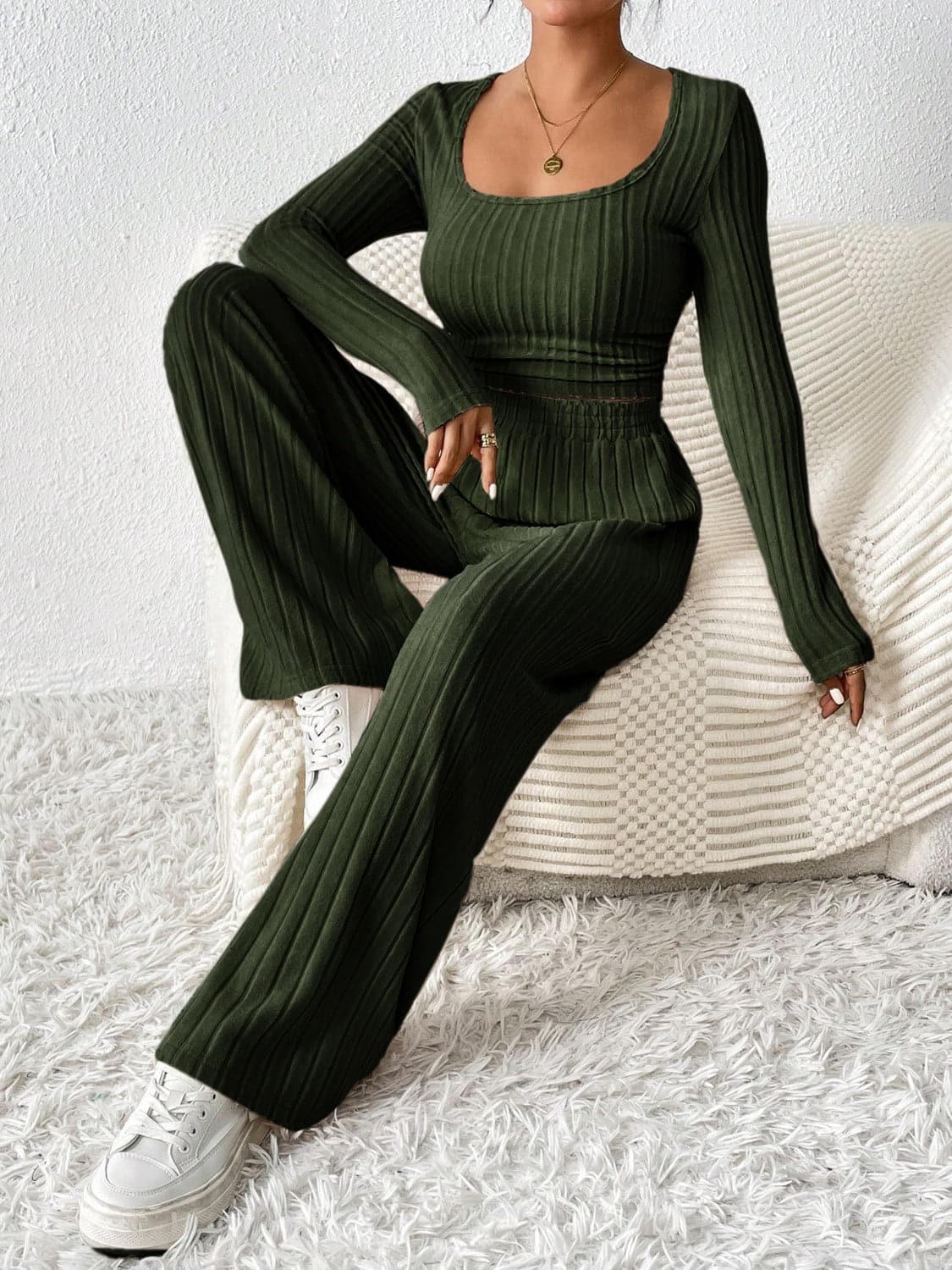 Cozy scoop neck long sleeve top and matching pants set