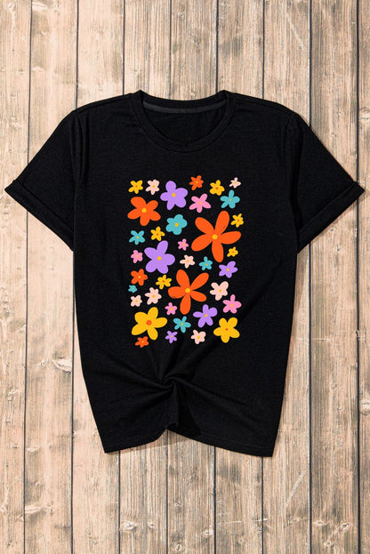 Flower Graphic Round Neck Short Sleeve T-Shirt.