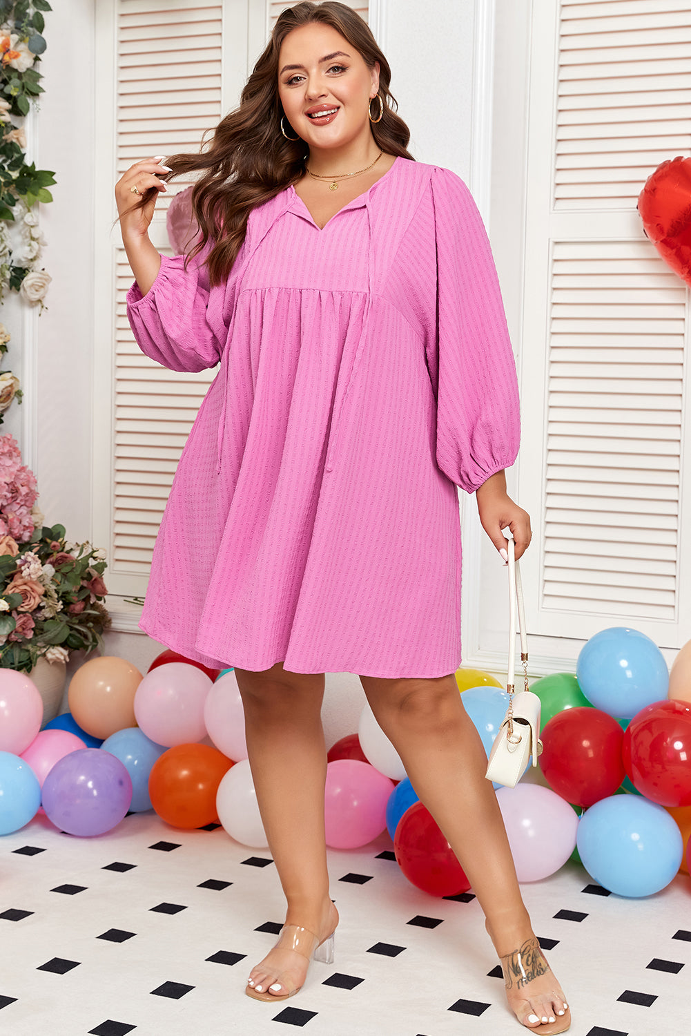 Premium Sachet Pink Plus Size Textured Tie Split Neck Puff Sleeve Flowy Mini Dress