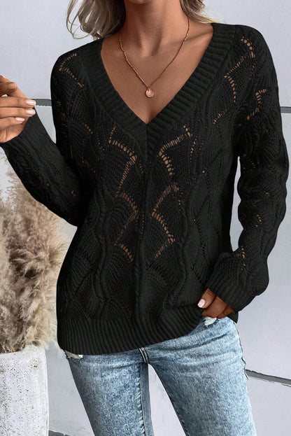 Chic black hollow knit v-neck sweater