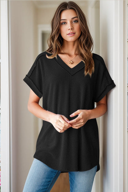 Textured V-Neck Short Sleeve Top.