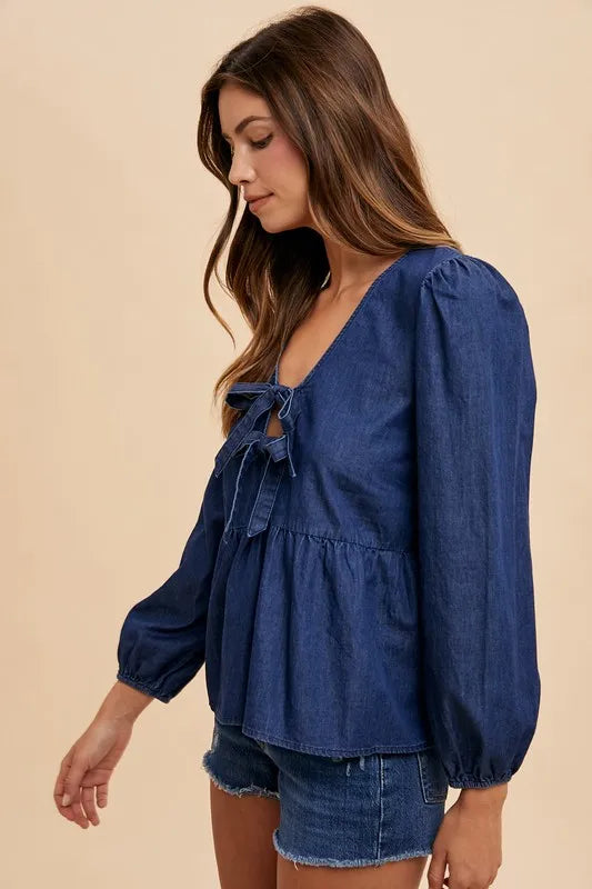 Annie Wear Tie Front Peplum Long Sleeve Denim Top - Love Salve 