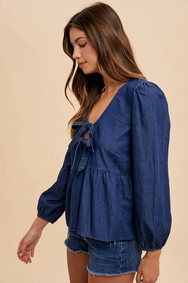 Annie Wear Tie Front Peplum Long Sleeve Denim Top - Love Salve 