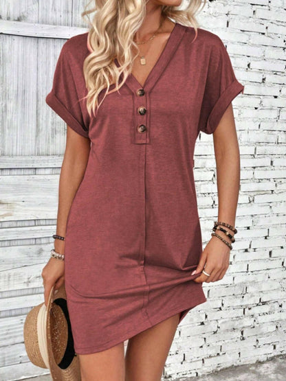 Quarter Button V-Neck Short Sleeve Dress.