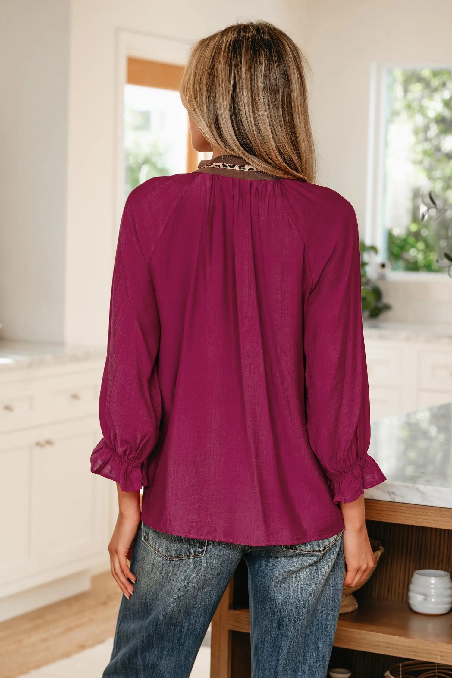 Violet Leopard Trim V Neck Flounced Bracelet Sleeve Blouse Dear-Lover Dropshipping
