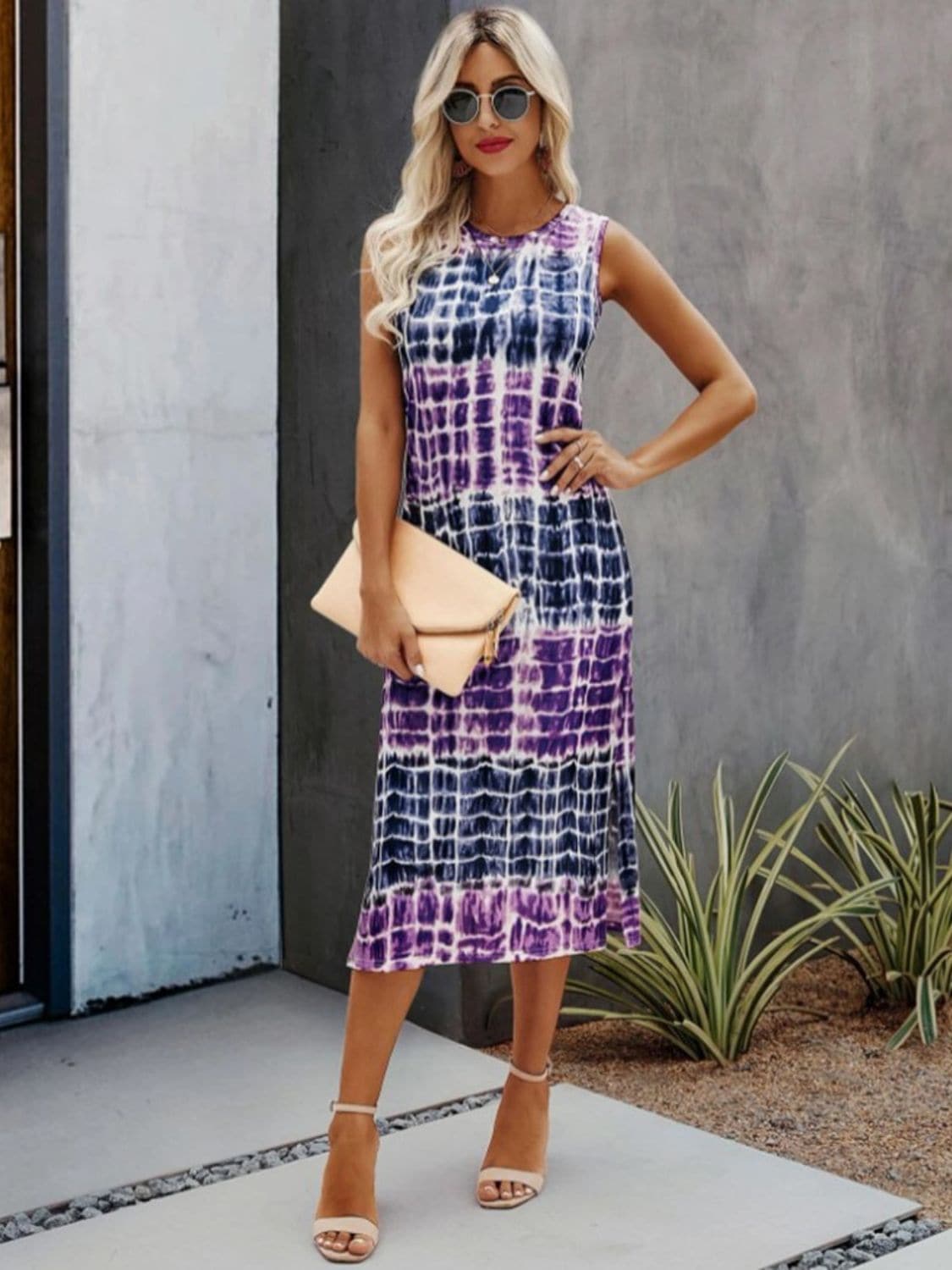 Slit Printed Round Neck Sleeveless Dress.