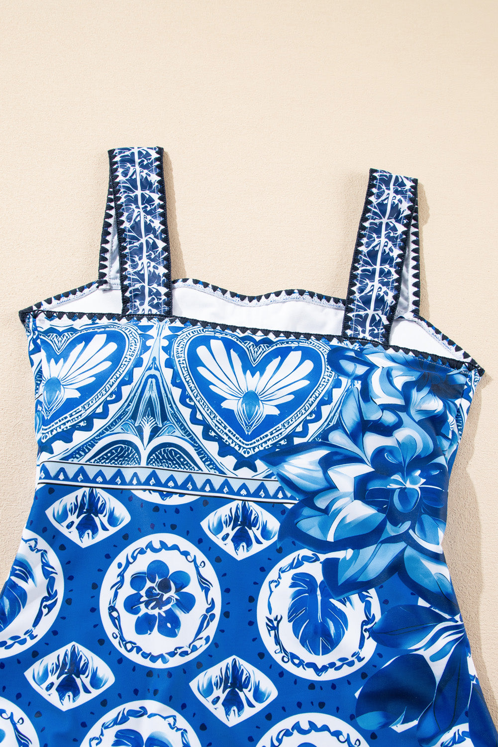 Exotic Blue Mosaic Ricrac Trim One-Piece Swimsuit with Wide Straps