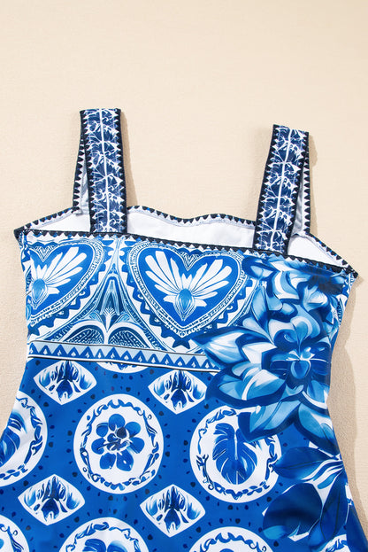 Exotic Blue Mosaic Ricrac Trim One-Piece Swimsuit with Wide Straps