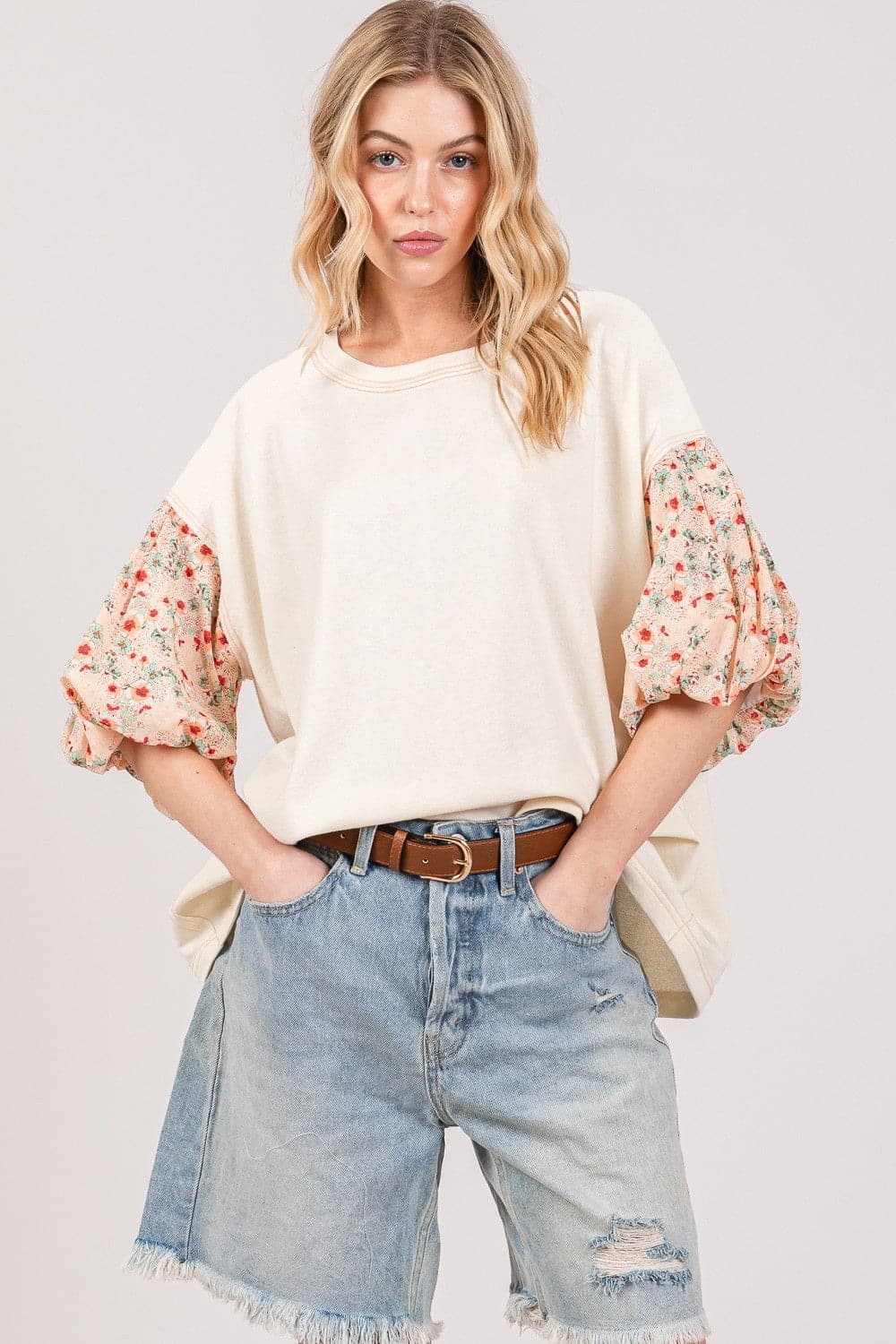 SAGE + FIG Round Neck Bubble Sleeve Oversize Top.