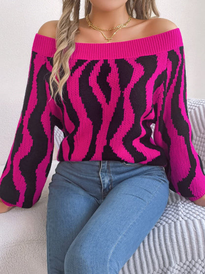 Off-Shoulder Animal Print Long Sleeve Sweater.