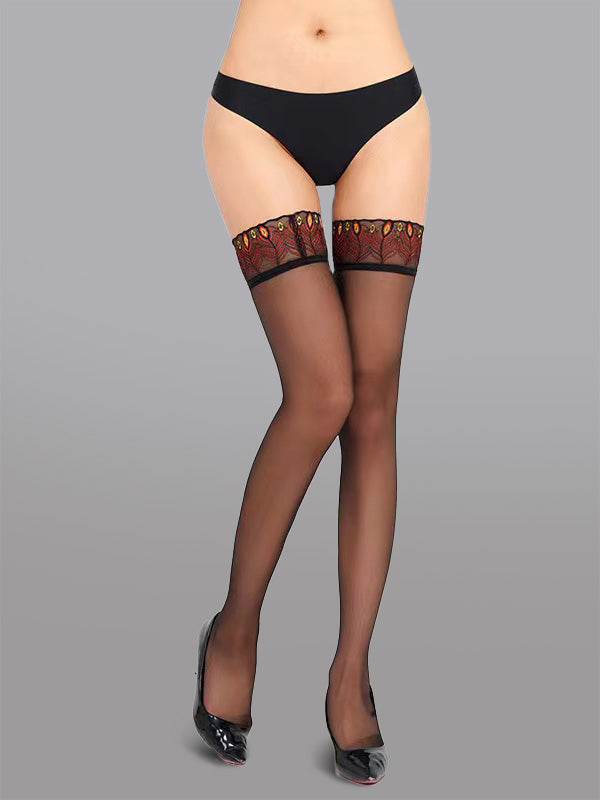 Sexy Peacock Lace Trim Thigh High Stockings for Women