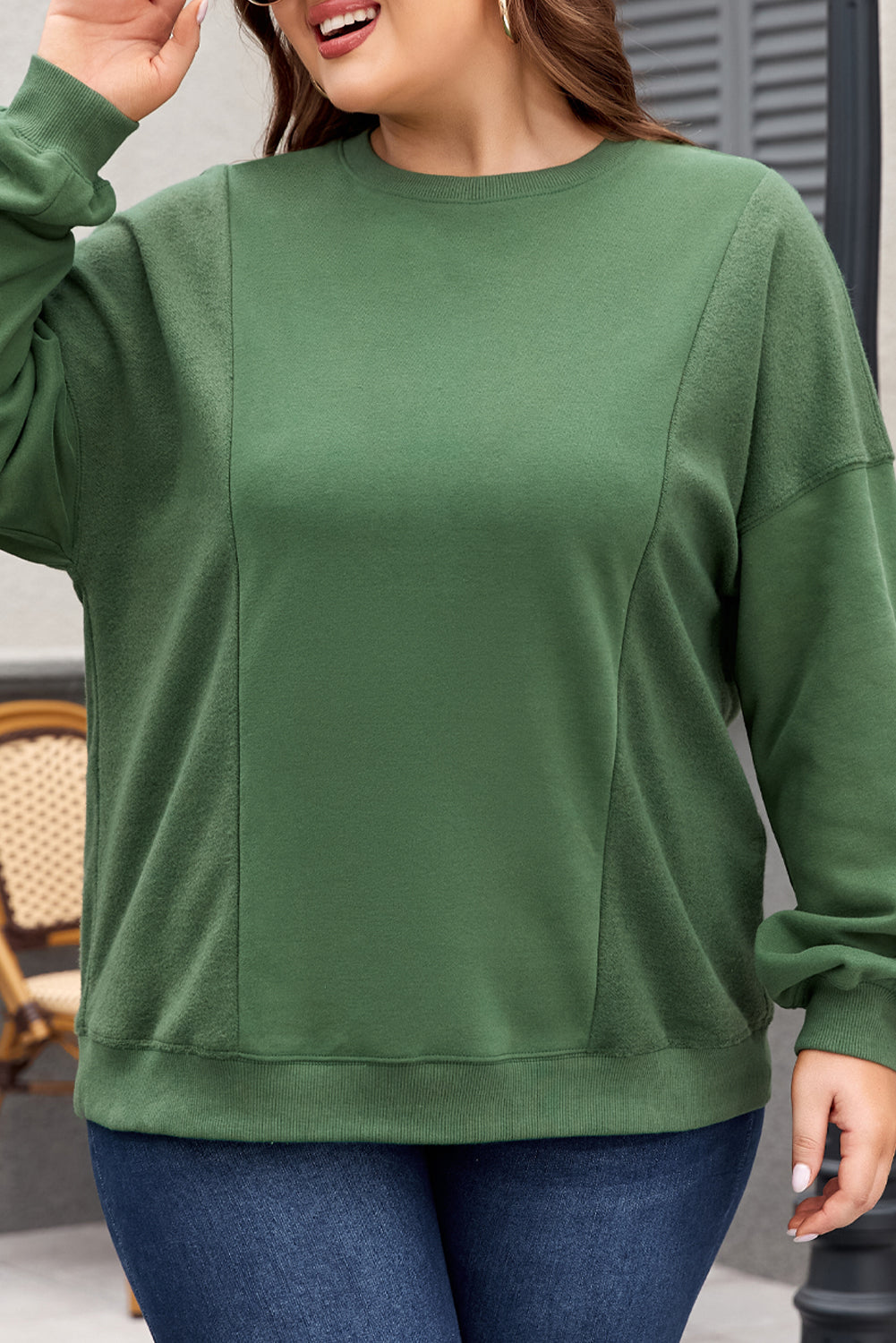 Chic plus size blackish green patchwork crewneck sweatshirt