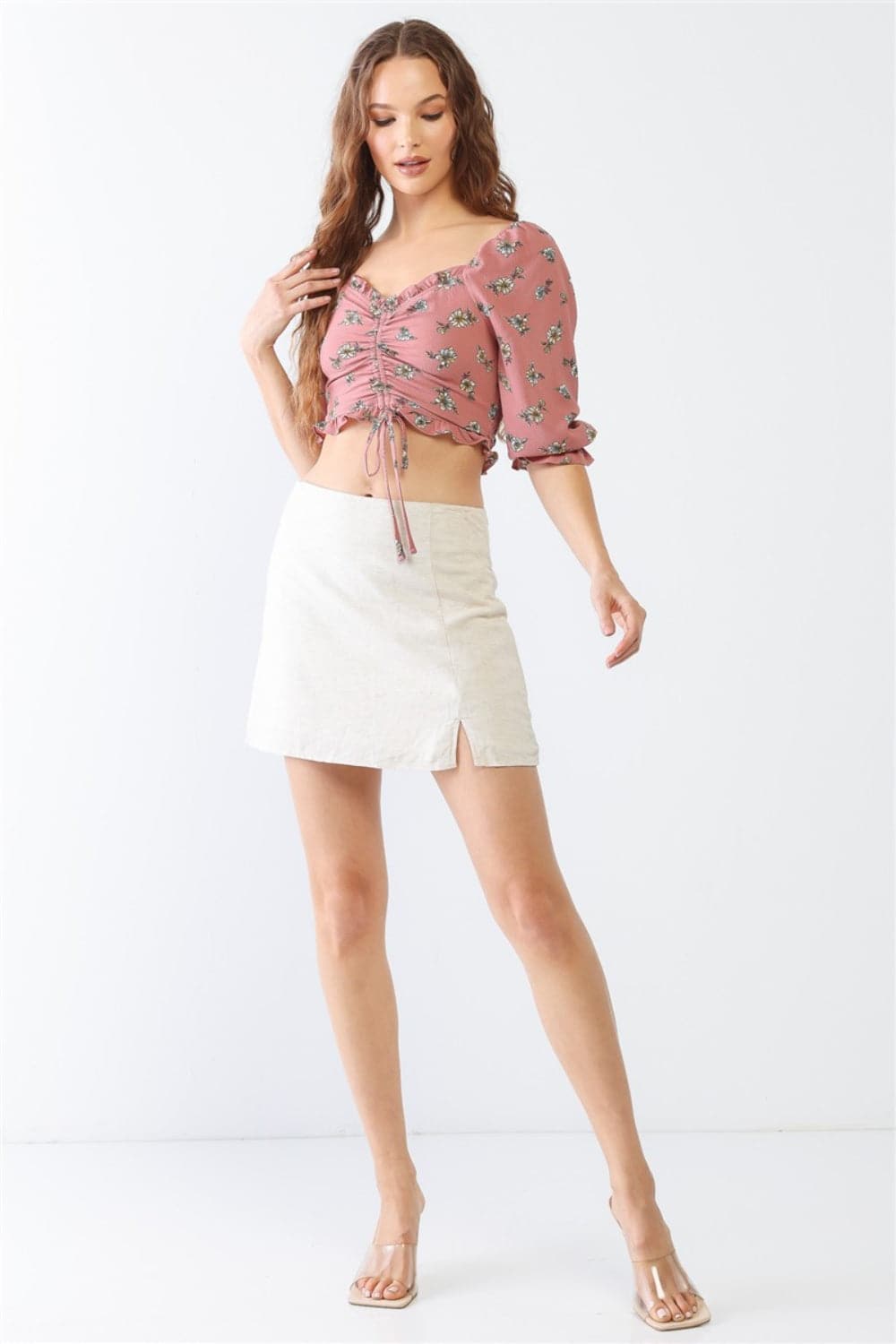 Miss Love / Kevin Co. Floral Ruffle Smocked Back Ruched Crop Top.