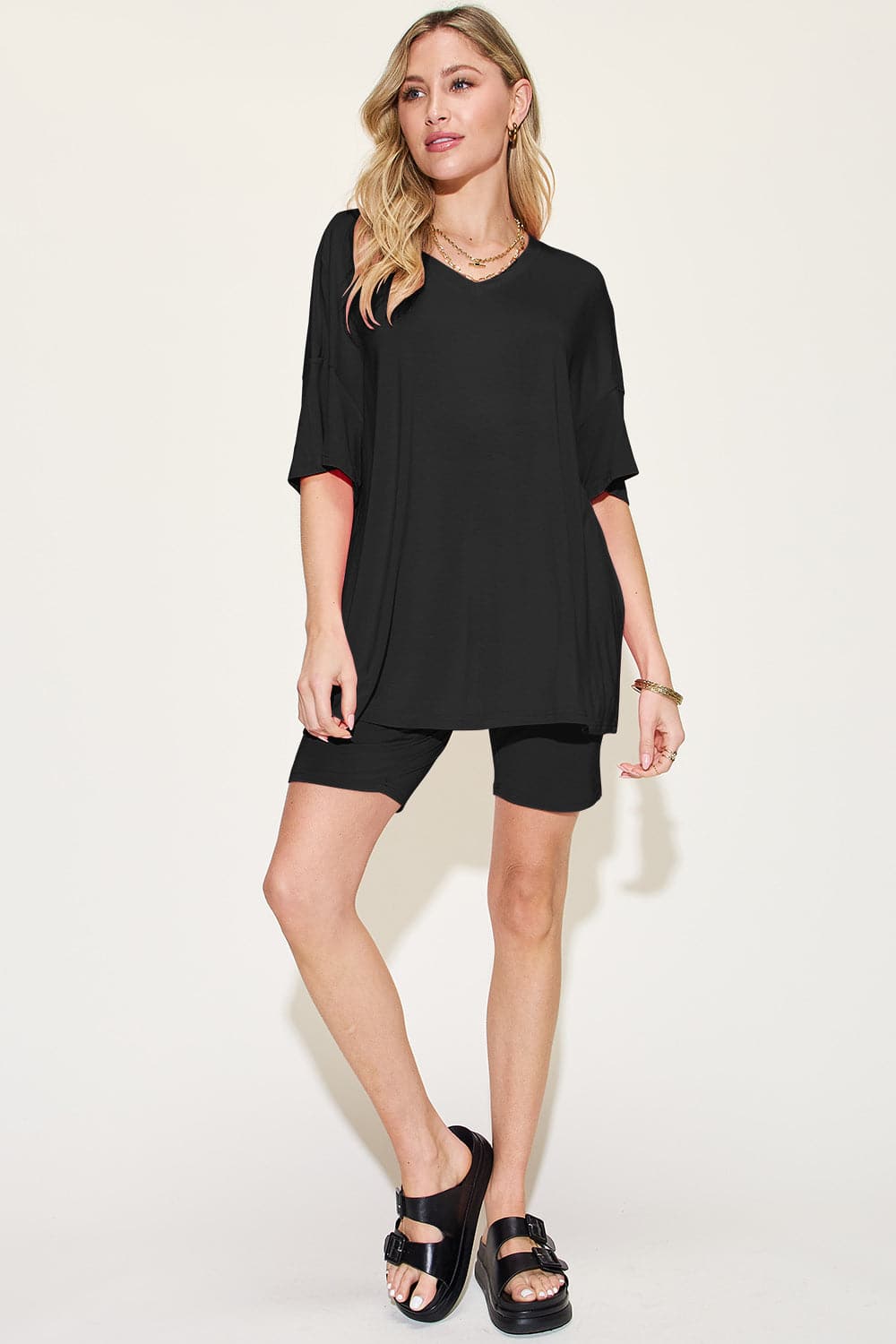 Basic Bae Bamboo Full Size  V-Neck Drop Shoulder T-Shirt and Shorts Set.