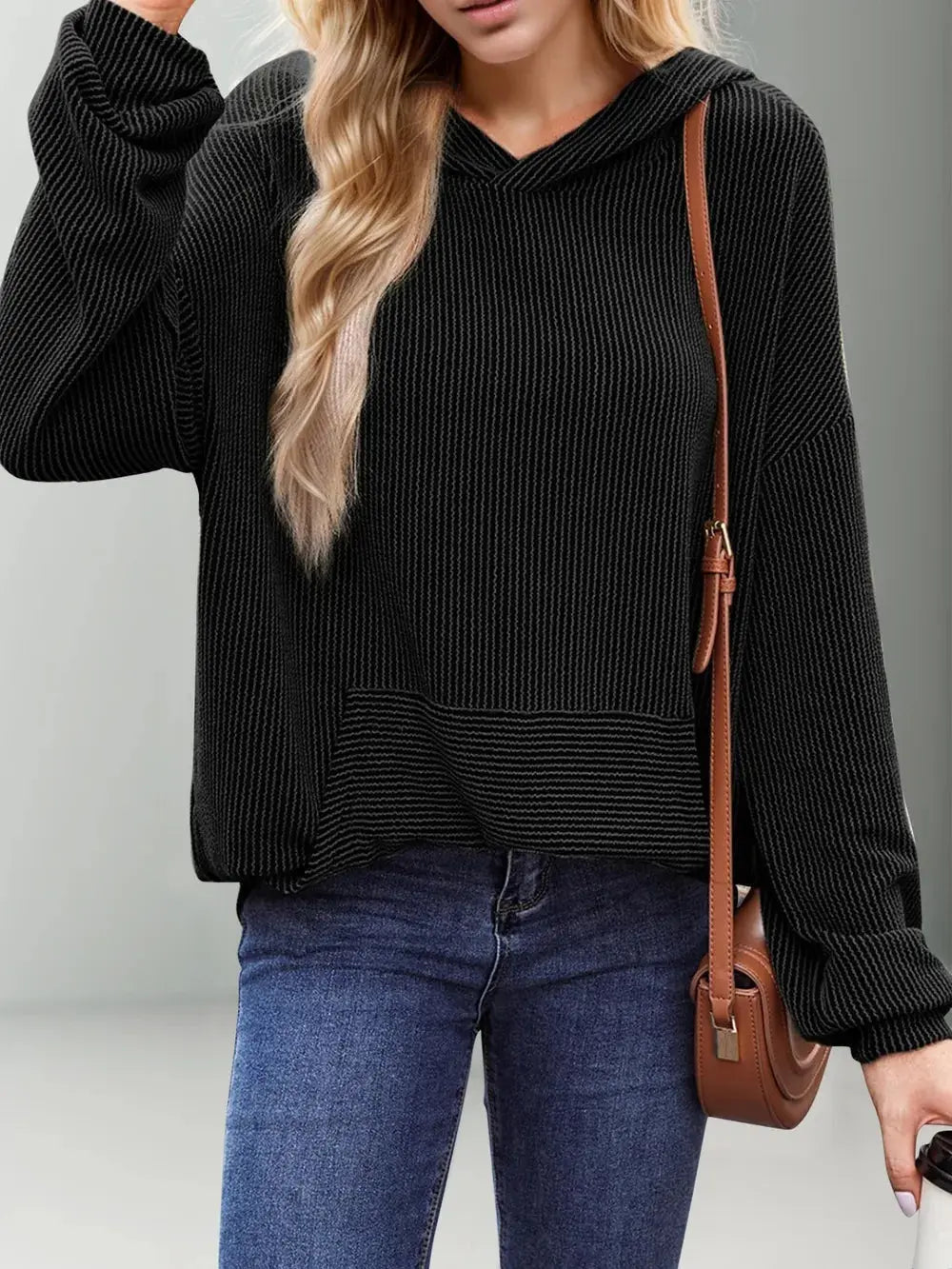 Double Take Textured Kangaroo Pocket Long Sleeve Hoodie - Love Salve