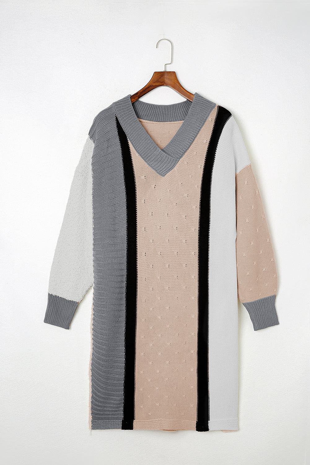 Chic apricot color block plus size sweater dress with boucl texture