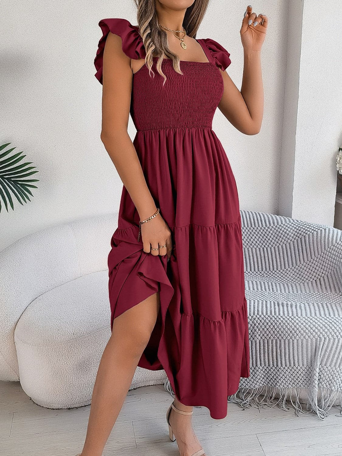 Smocked Square Neck Cap Sleeve Midi Dress.