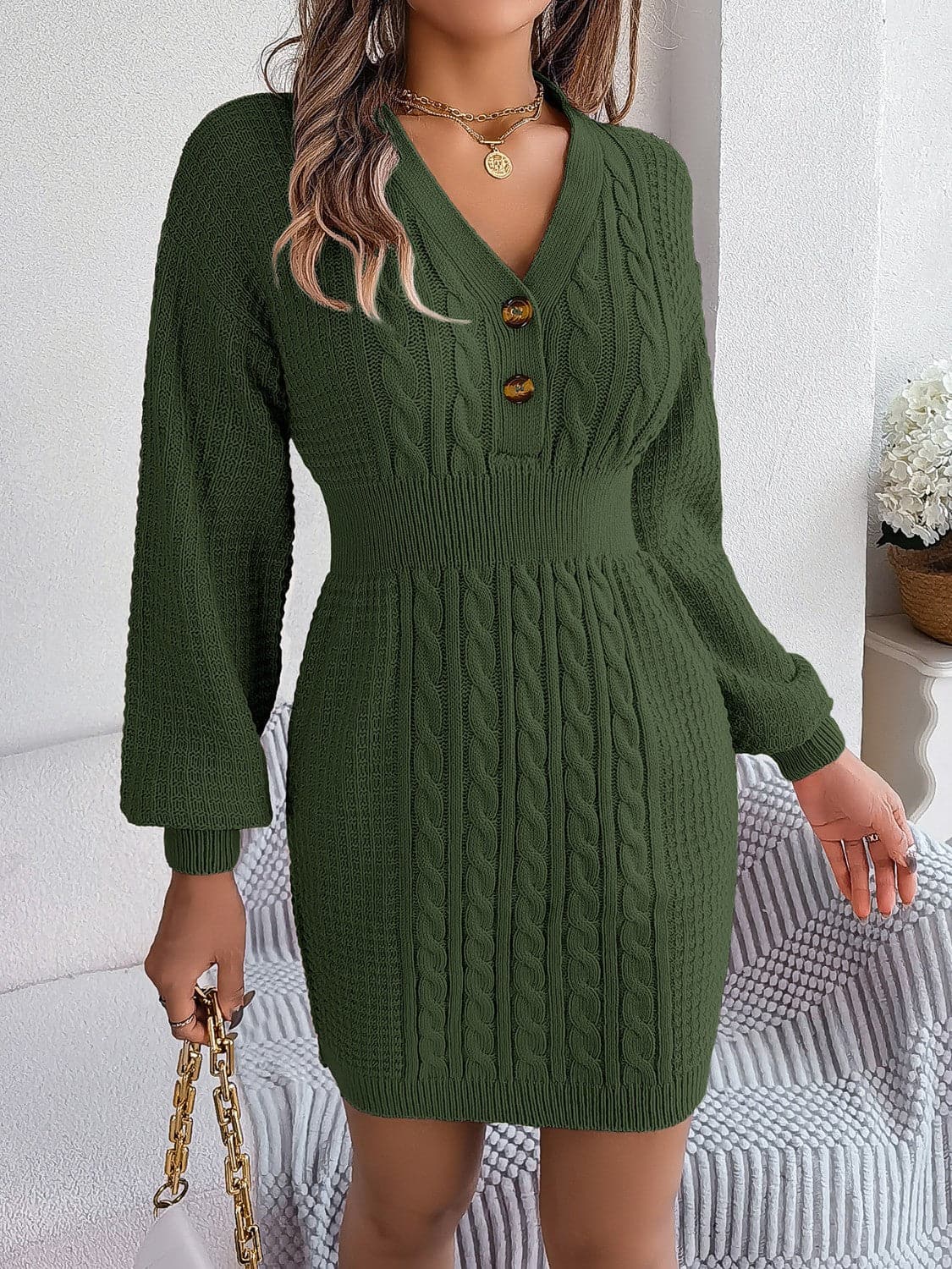 Buttoned Cable-Knit V-Neck Sweater Dress.