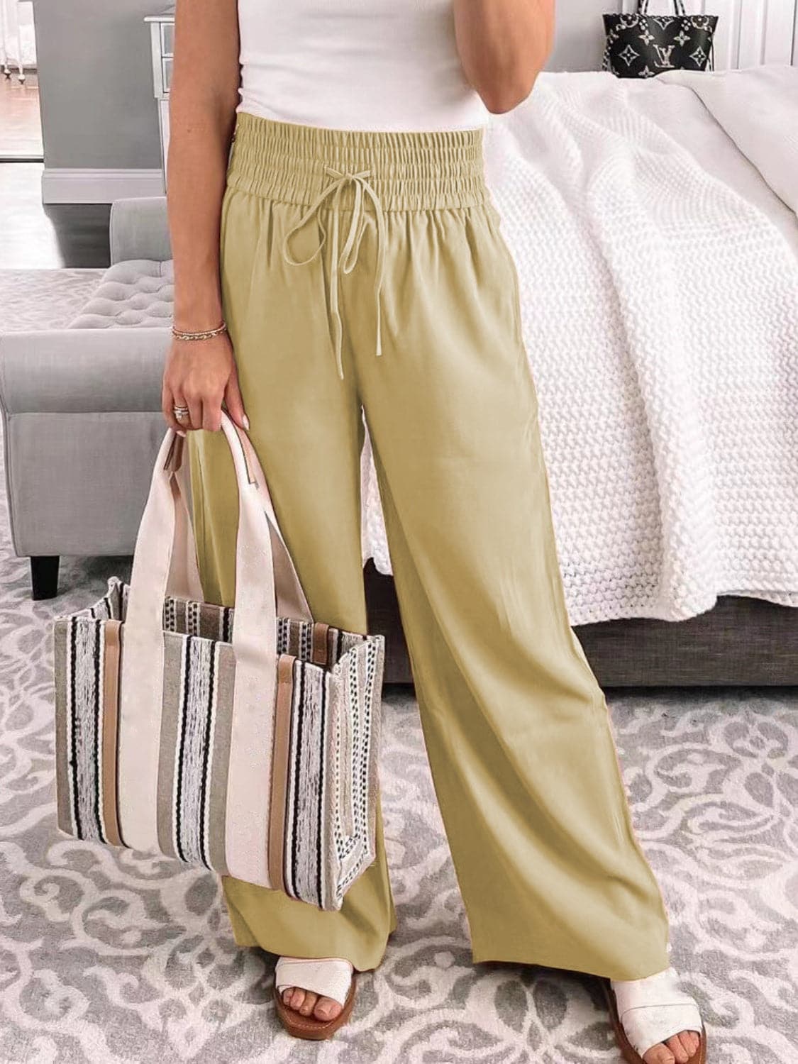 Full Size Drawstring High Waist Wide Leg Pants.