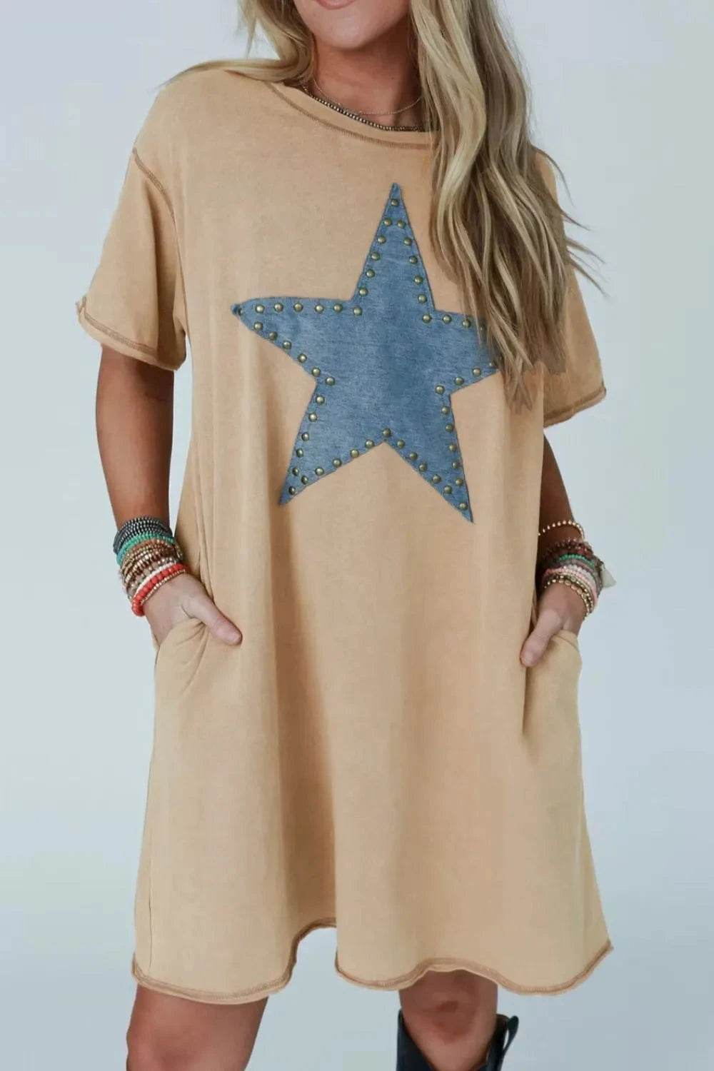 Mineral Wash Stud Beaded Star Pocketed T Shirt Dress Simply Love