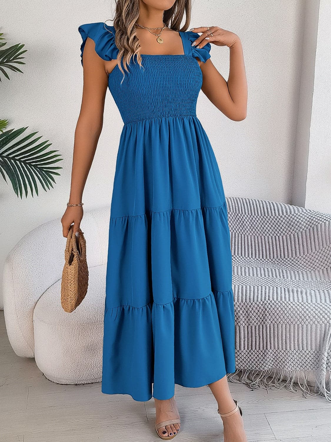 Smocked Square Neck Cap Sleeve Midi Dress.