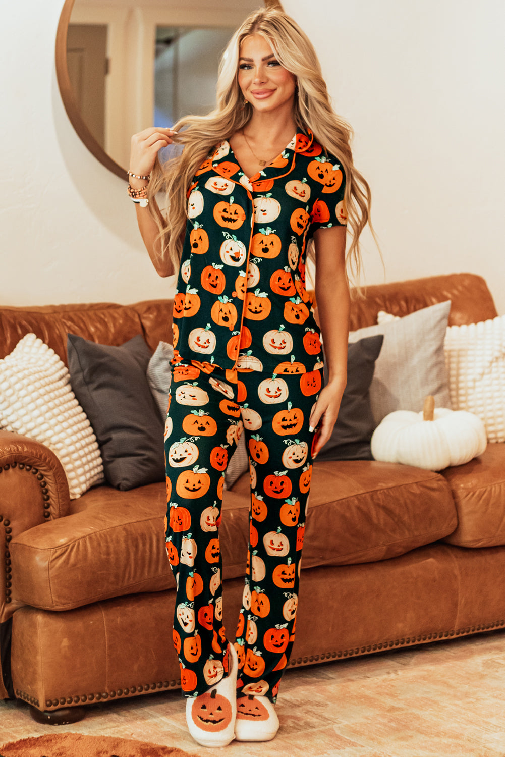 Festive orange Halloween short sleeve pajama set