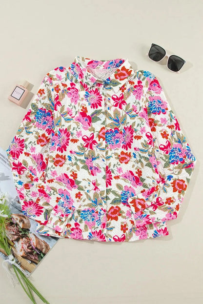 Floral print collared long sleeve blouse