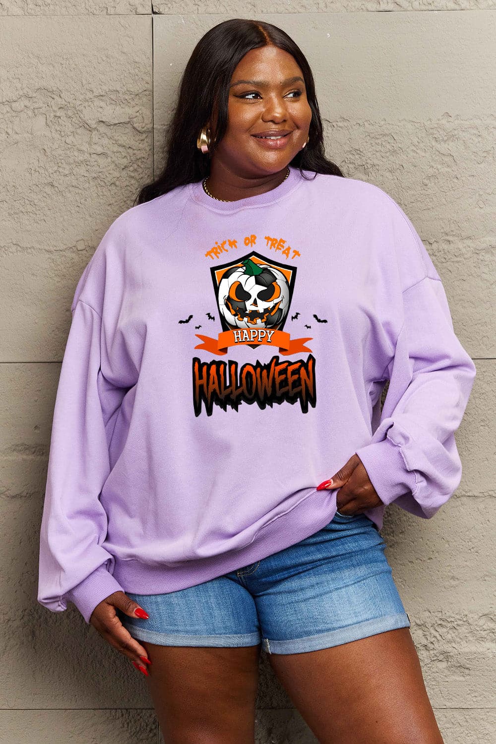 Simply Love Full Size TRICK OR TREAT HAPPY HALLOWEEN Graphic Sweatshirt.