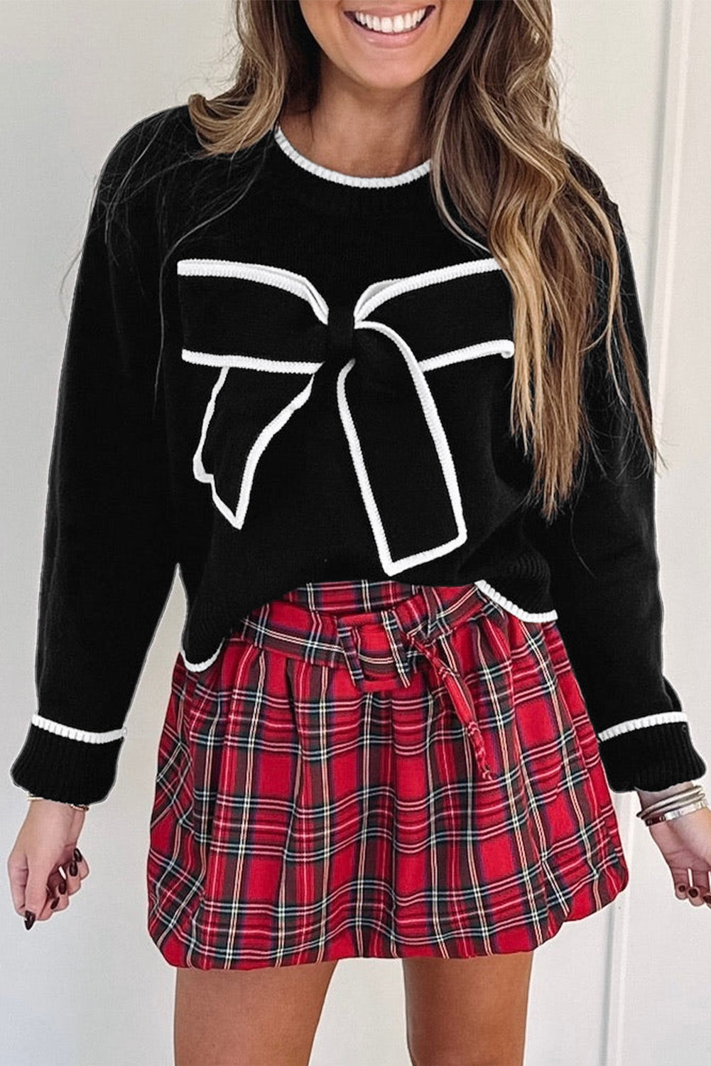 Black Contrast Trim Big Bow Accent Holiday Cropped Sweater Dear-Lover Dropshipping