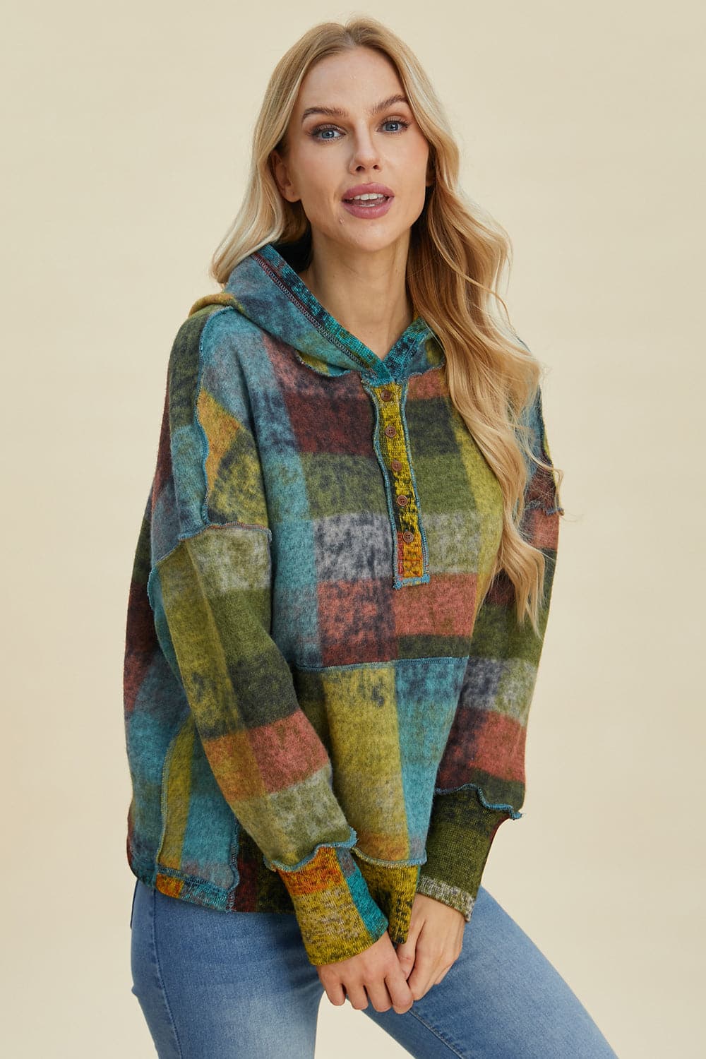 Double Take Full Size Plaid Dropped Shoulder Hoodie.