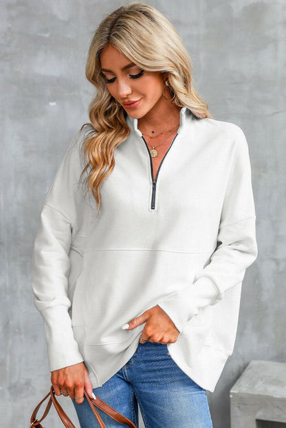 Half Zip Pocketed Dropped Shoulder Sweatshirt.