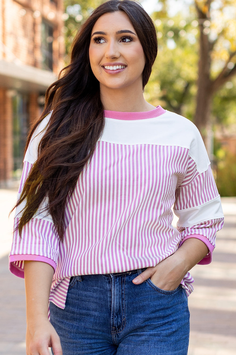 Aliyah Striped Patchwork Three Quarter Sleeve Casual Top - Love Salve 