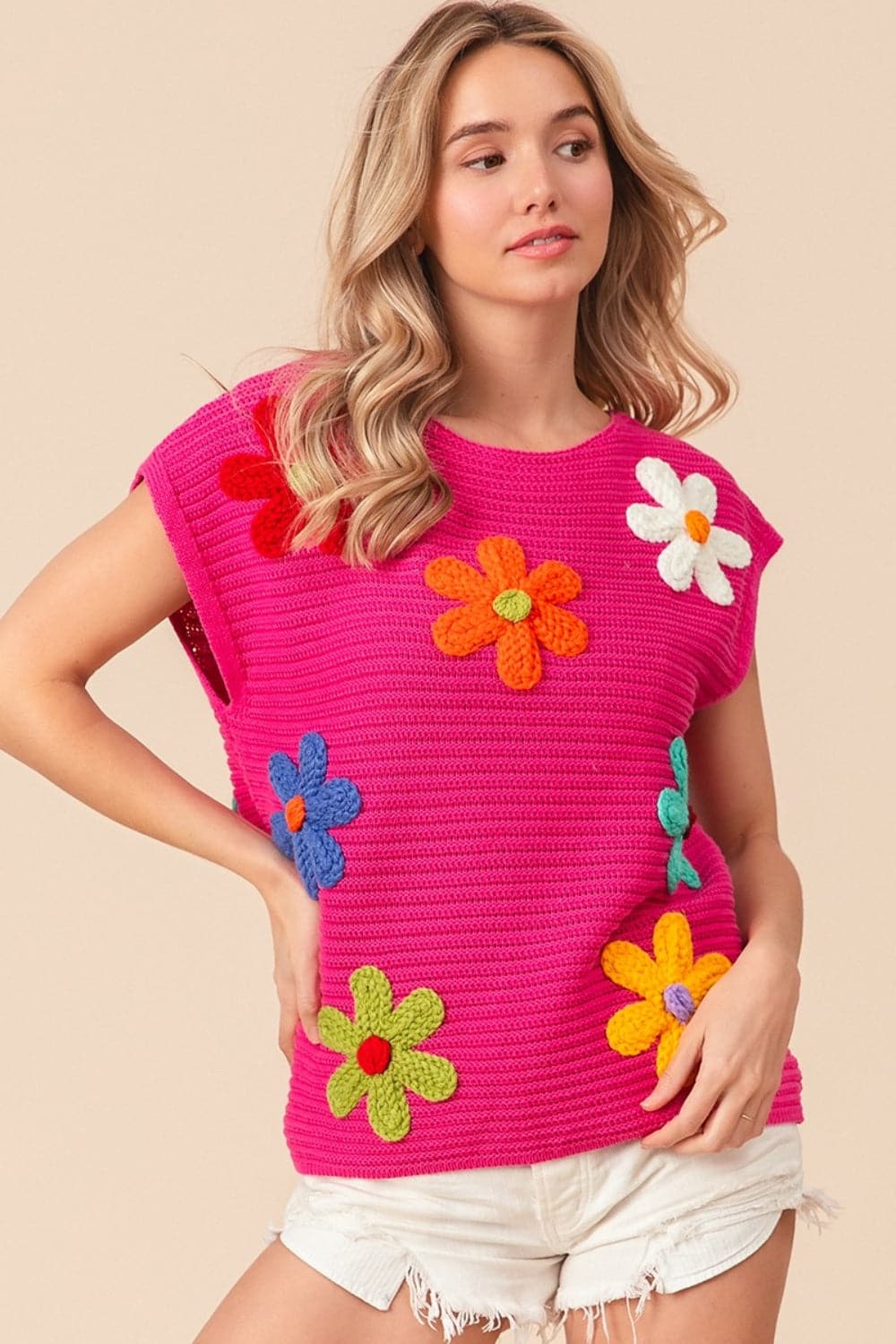 BiBi Flower Round Neck Cap Sleeve Knit Top.