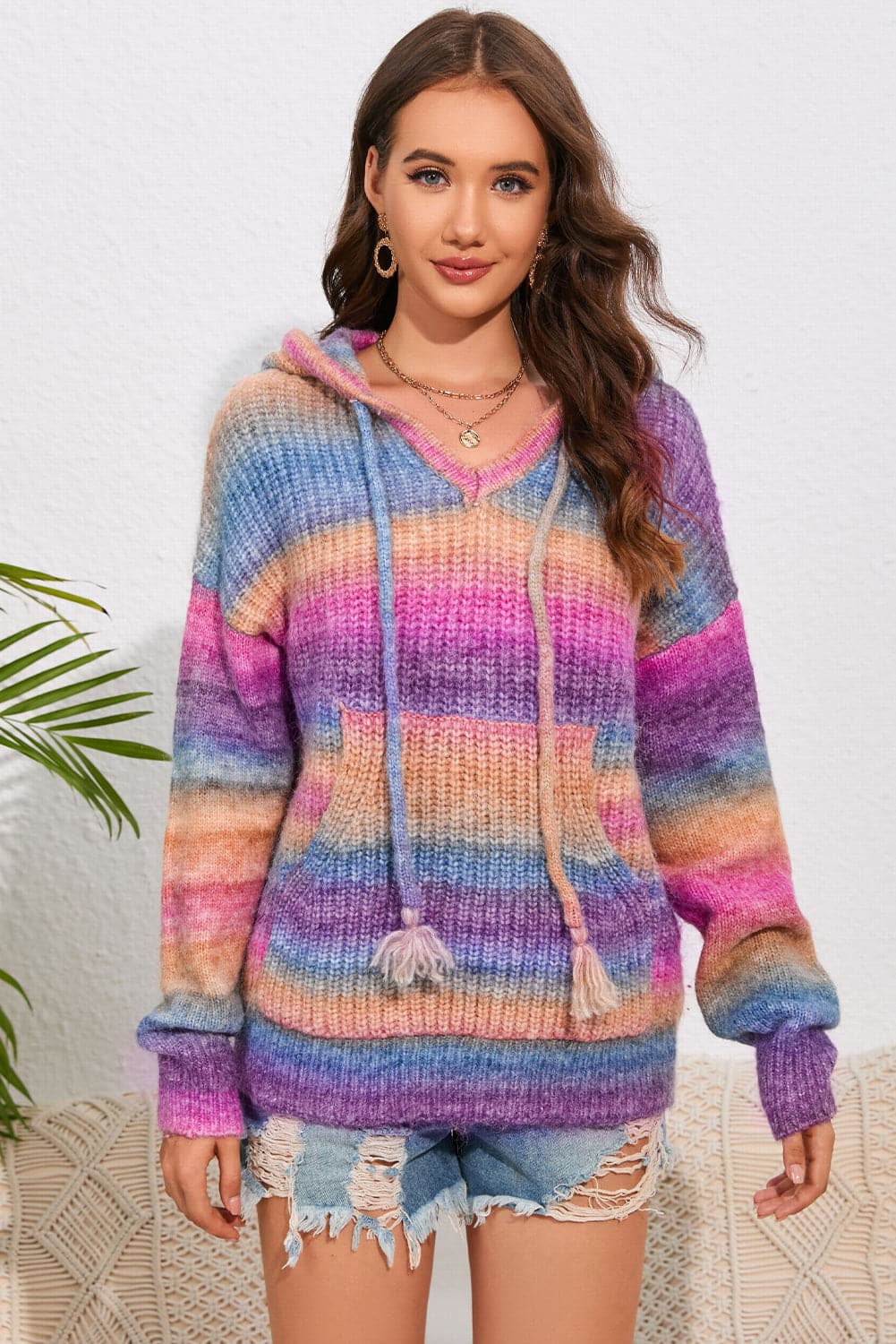 Multicolor Dropped Shoulder Hooded Sweater.