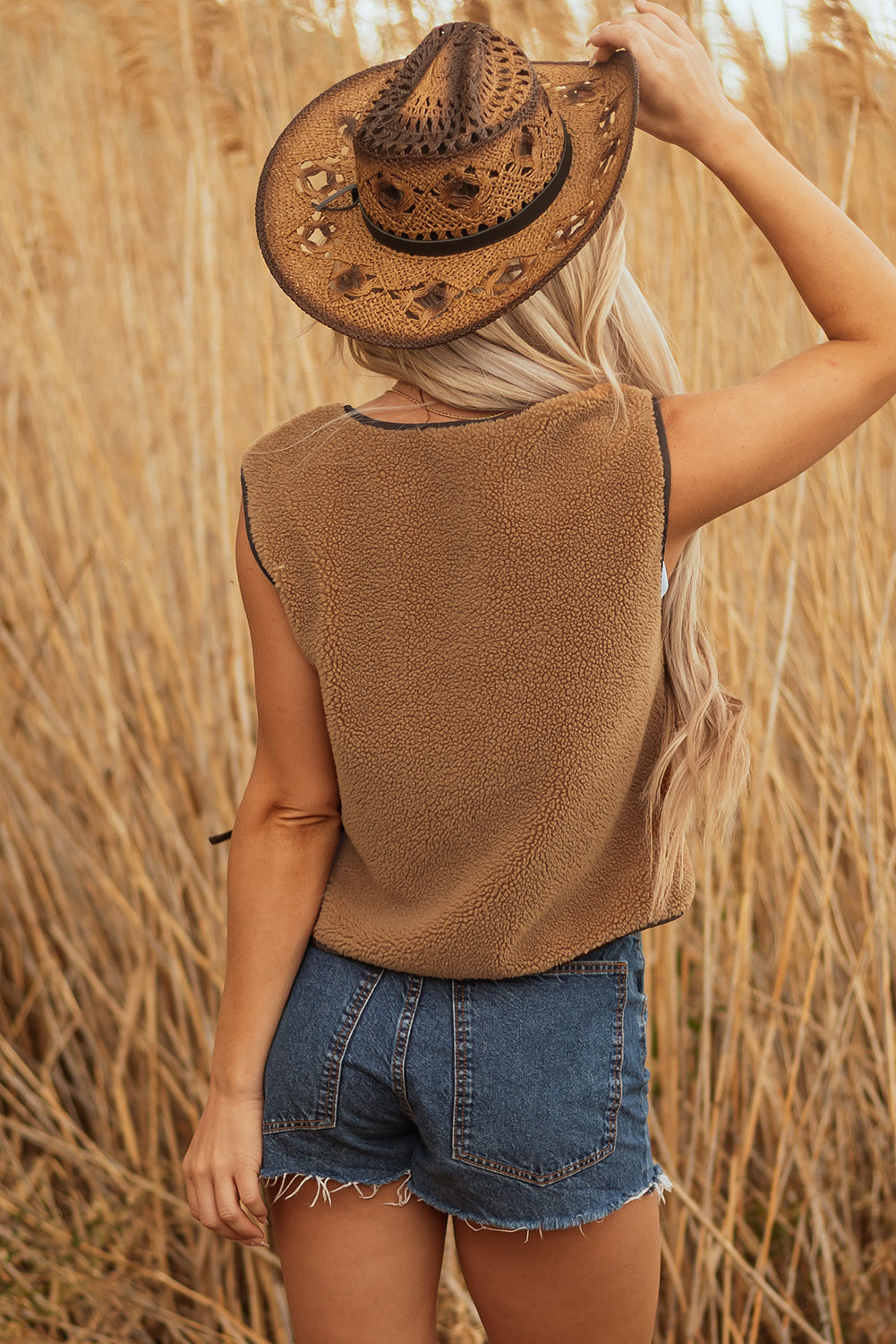 Light French Beige Contrast Trim Tie Front Sherpa Vest Love Salve