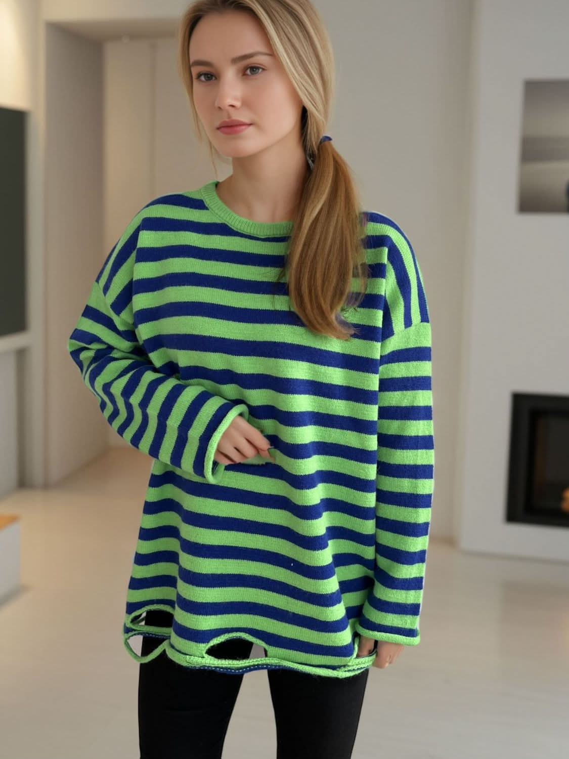 Distressed Striped Round Neck Long Sleeve Sweater