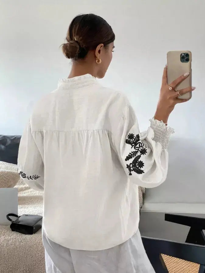 Embroidered Notched Long Sleeve Blouse Simply Love