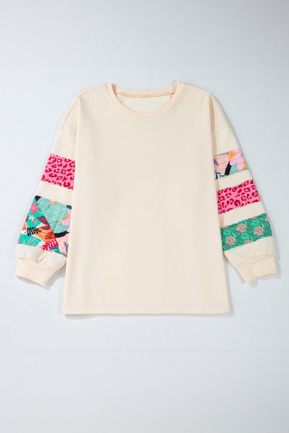 Beige plus size patchwork sleeve sweatshirt with side slits