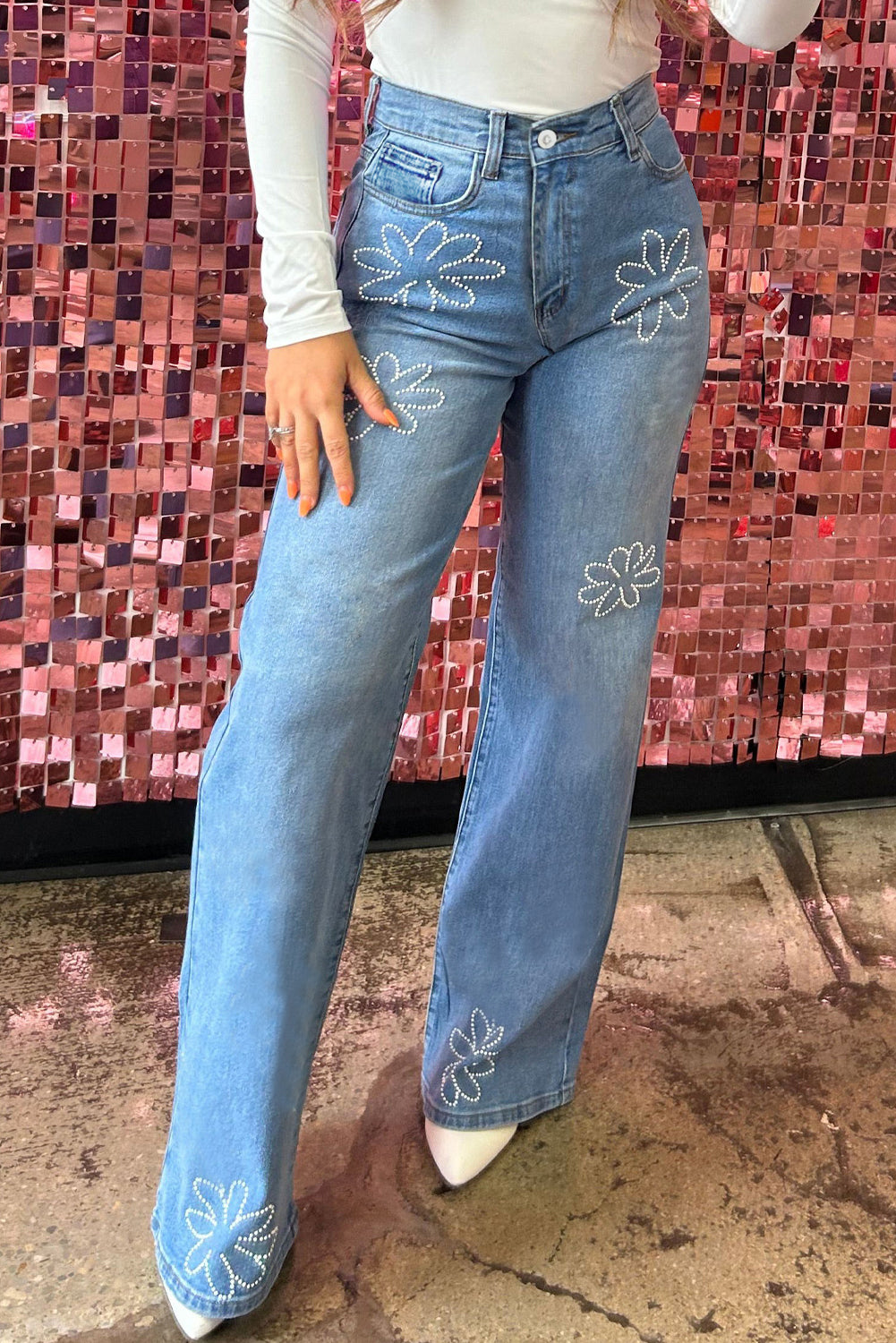 Light blue wide leg jeans with rhinestones