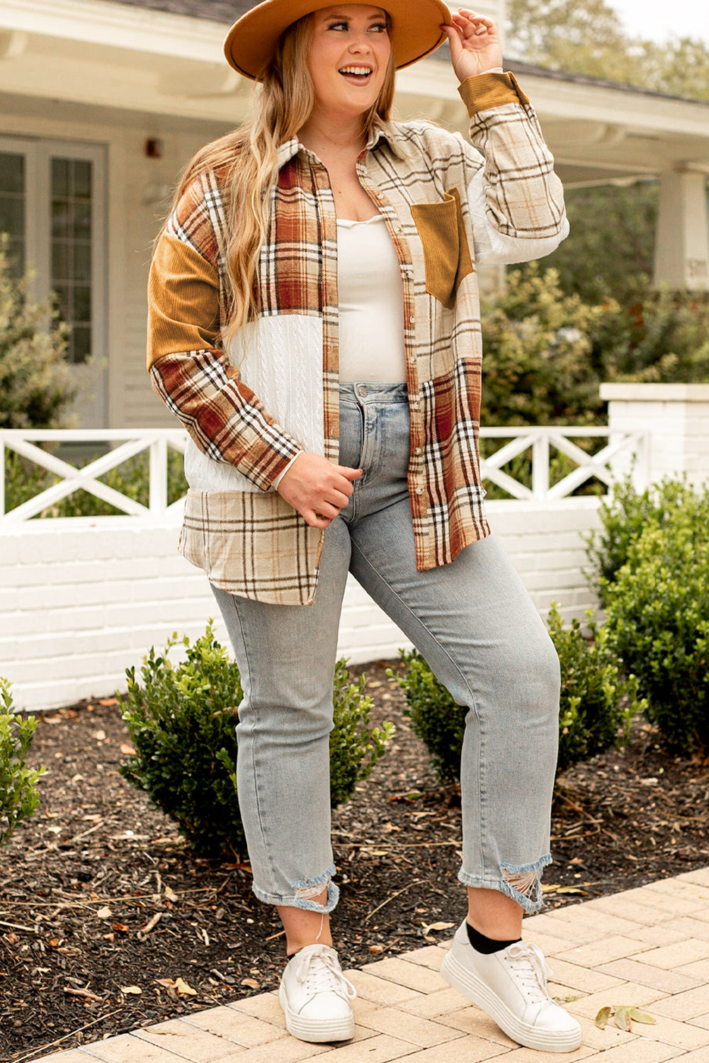 Chic golden apricot plaid patchwork shacket for plus sizes